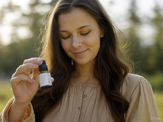 woman holding a bottle of CBD smiling